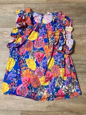 entro Bright Tropical Fruit Print Ruffle Sleeve Blouse - Blue, Pink, Yellow